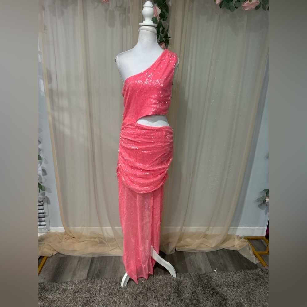 Luxxel Neon Pink Sequin One Shoulder Cutout Maxi Dress NWT Glam Party Size M